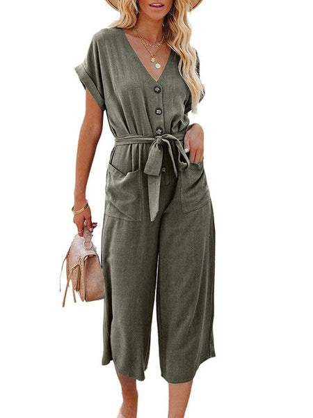 Solid Short Sleeve Buttoned Jumpsuit