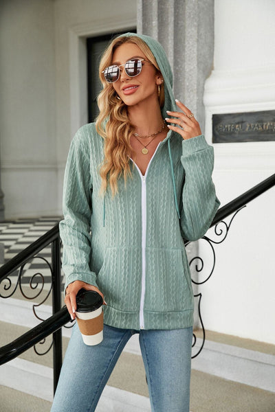 Women's hooded drawstring zipper long sleeve loose knitted jacket