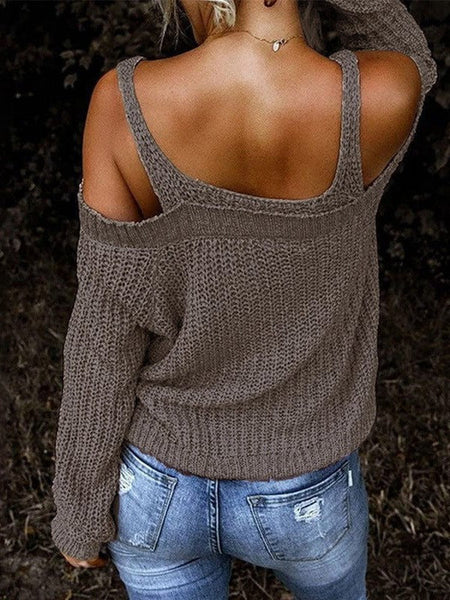 Women'S Khaki Off-Shoulder Long-Sleeved Sweater