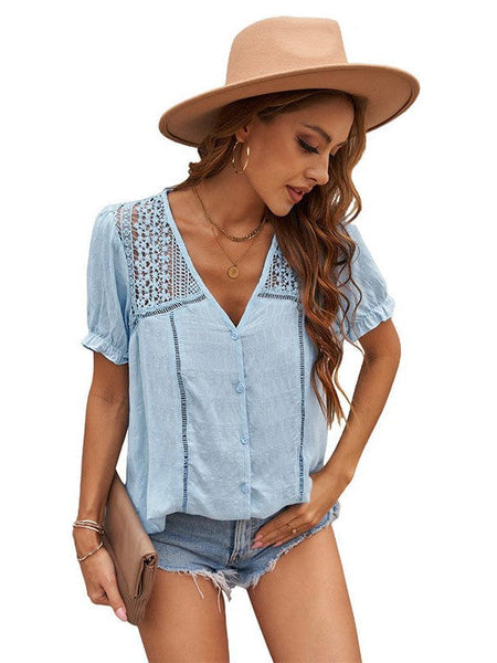 Women'S Lace Hollow Short-Sleeved Chiffon Shirt Top With Simple Style