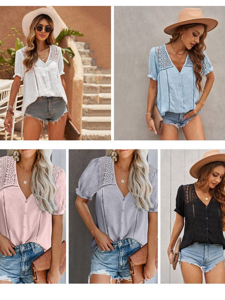 Women'S Lace Hollow Short-Sleeved Chiffon Shirt Top With Simple Style