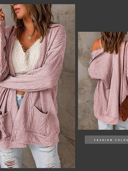 Women'S Long Sleeve Cardigan Sweater With Solid Color And Pockets