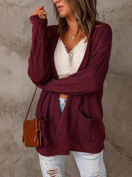 Women'S Long Sleeve Cardigan Sweater With Solid Color And Pockets