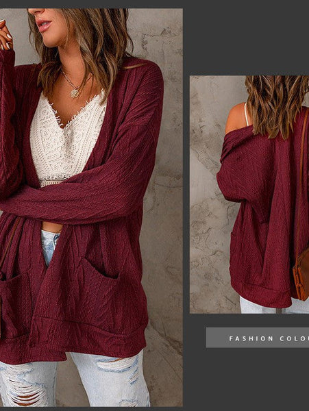 Women'S Long Sleeve Cardigan Sweater With Solid Color And Pockets