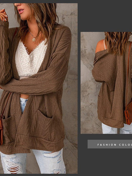 Women'S Long Sleeve Cardigan Sweater With Solid Color And Pockets