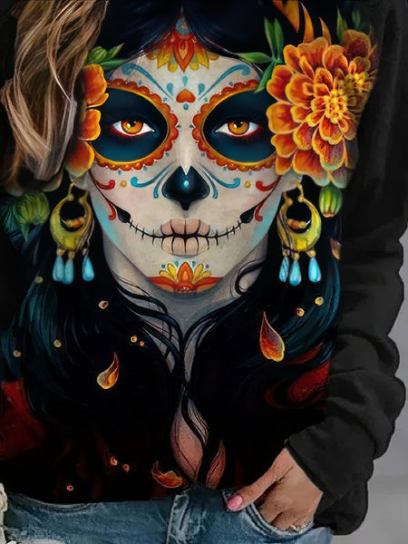 Women's Long Sleeve Skull Print T-Shirt with Round Neck
