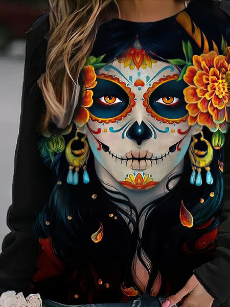 Women's Long Sleeve Skull Print T-Shirt with Round Neck