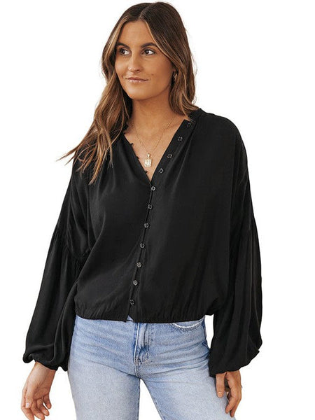 Women'S Loose Balloon Sleeve V-Neck Blouse In Solid Color
