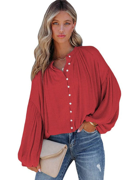 Women'S Loose Balloon Sleeve V-Neck Blouse In Solid Color