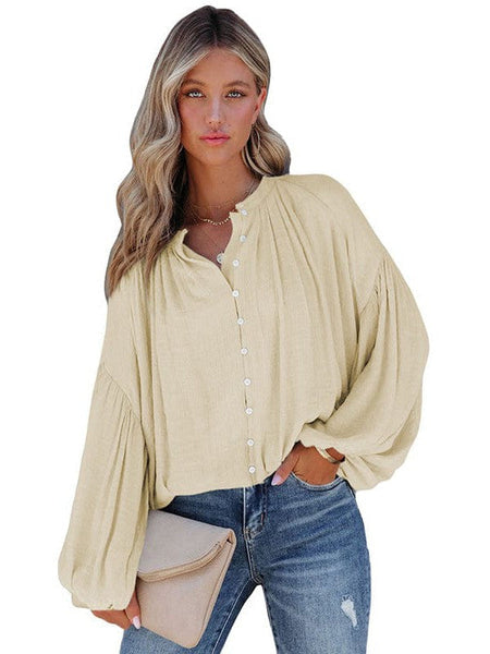 Women'S Loose Balloon Sleeve V-Neck Blouse In Solid Color