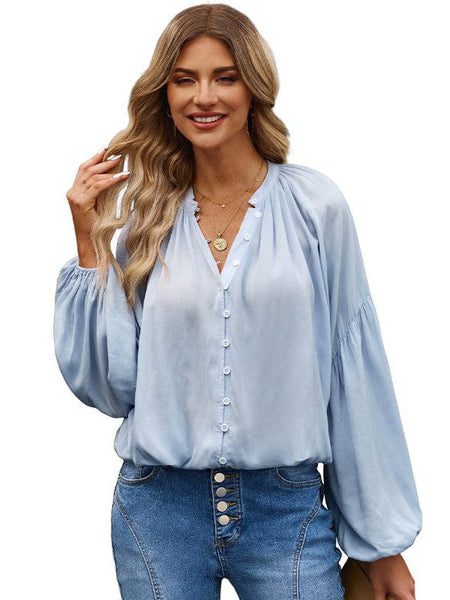 Women'S Loose Balloon Sleeve V-Neck Blouse In Solid Color