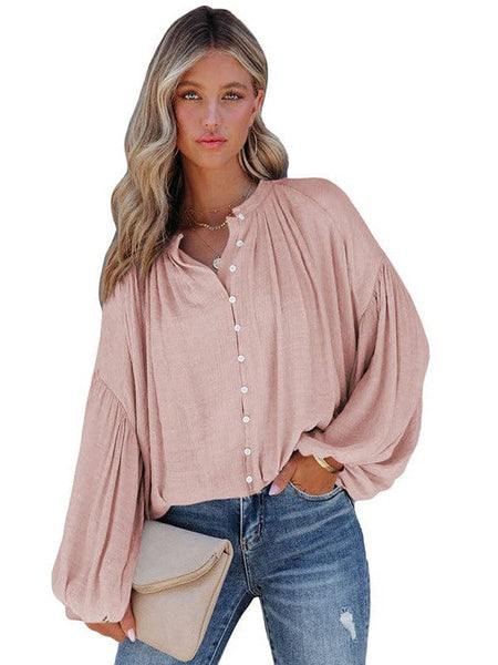 Women'S Loose Balloon Sleeve V-Neck Blouse In Solid Color