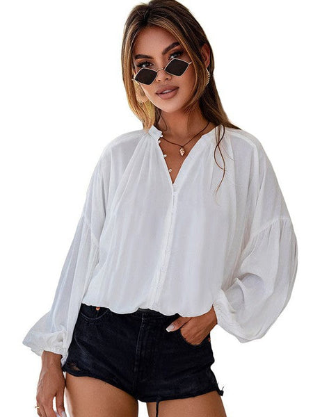 Women'S Loose Balloon Sleeve V-Neck Blouse In Solid Color