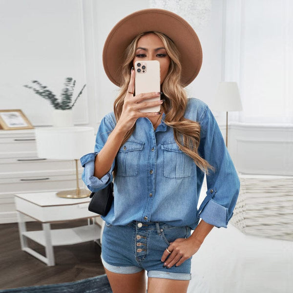 Women's Button Down Denim Shirt in Blouses & Shirts