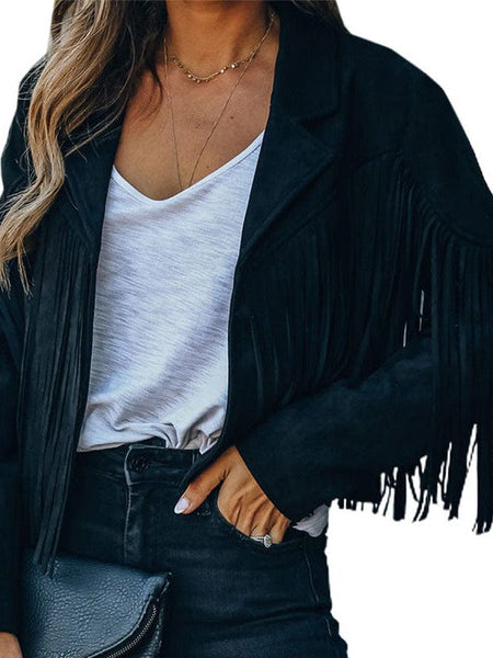 Women's Western Fringe Faux Suede Jacket with Notched Lapel