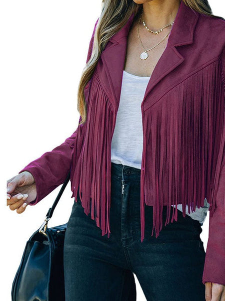Women's Faux Suede Fringe Cropped Jacket with Notched Lapel
