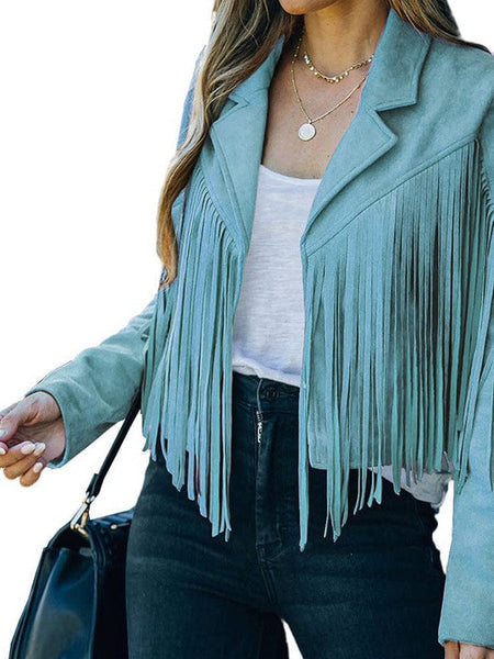 Women's Faux Suede Fringe Cropped Jacket with Notched Lapel