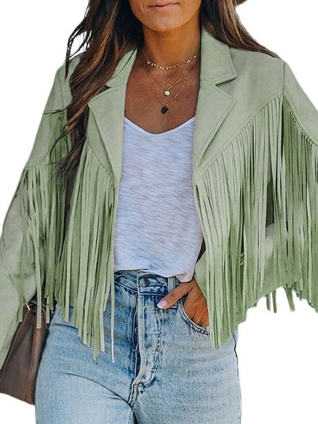 Women's Faux Suede Fringe Western Jacket in Ivory and Sage made for easy styling and wardrobe coordination, with premium-like structure and finish.