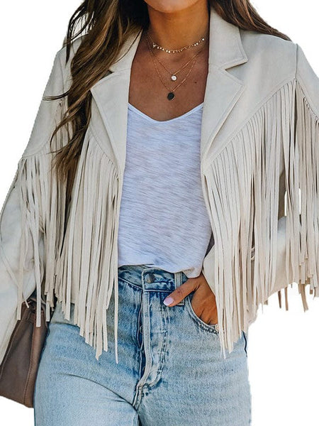 Women's Western Fringe Faux Suede Jacket with Notched Lapel