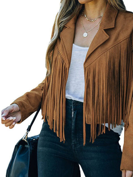 Fringe Trim Suede Jacket for Women with practical styling and dependable silhouette control.