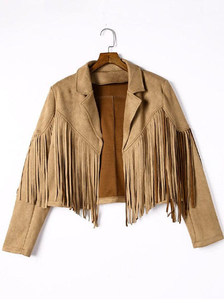 Women's Faux Suede Fringe Jacket with Notched Lapel