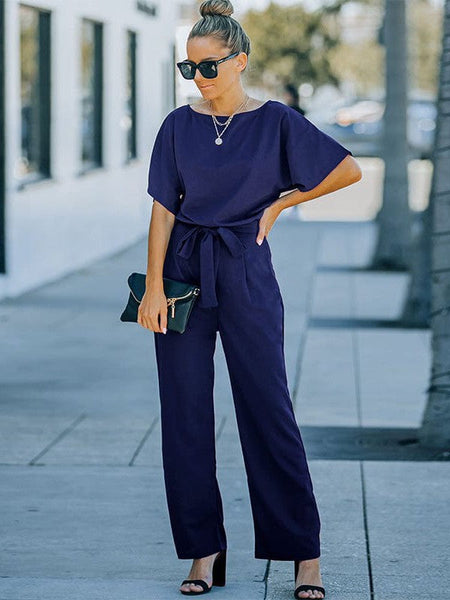 Women's Loose Waist Wide Leg Jumpsuit Set With Back Buttons