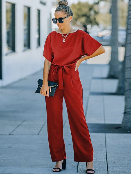 Women's Loose Waist Wide Leg Jumpsuit Set With Back Buttons