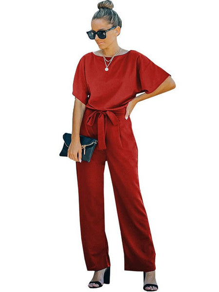 Women's Loose Waist Wide Leg Jumpsuit Set With Back Buttons