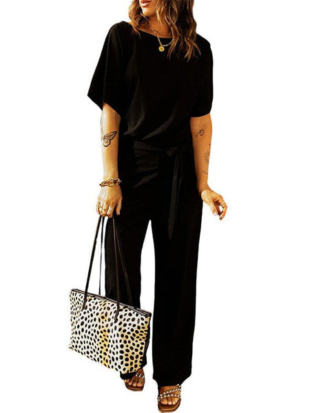 Women's Loose Waist Wide Leg Jumpsuit Set With Back Buttons