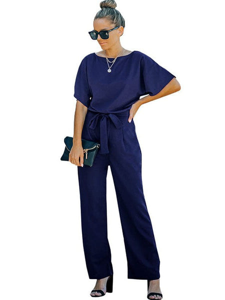Women's Loose Waist Wide Leg Jumpsuit Set With Back Buttons