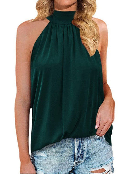 Tops Loose Round Neck Pleated Sleeveless Tank Top