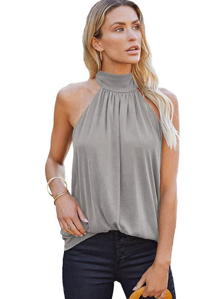 Tops Loose Round Neck Pleated Sleeveless Tank Top