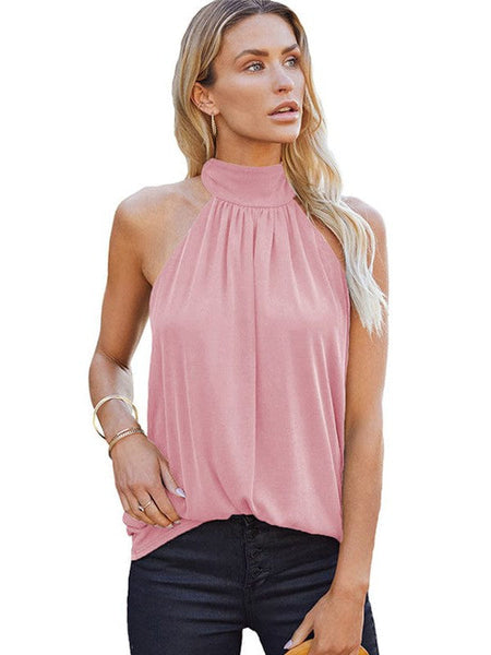 Tops Loose Round Neck Pleated Sleeveless Tank Top
