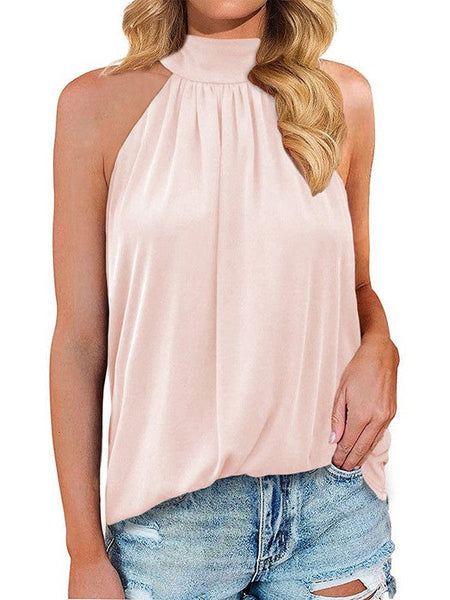 Tops Loose Round Neck Pleated Sleeveless Tank Top