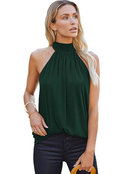 Tops Loose Round Neck Pleated Sleeveless Tank Top