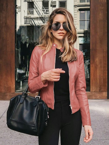 Women's Pink and Navy Faux Leather Moto Jacket with Zipper