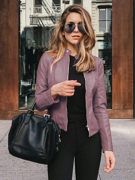Women's Pink and Navy Faux Leather Moto Jacket with Zipper