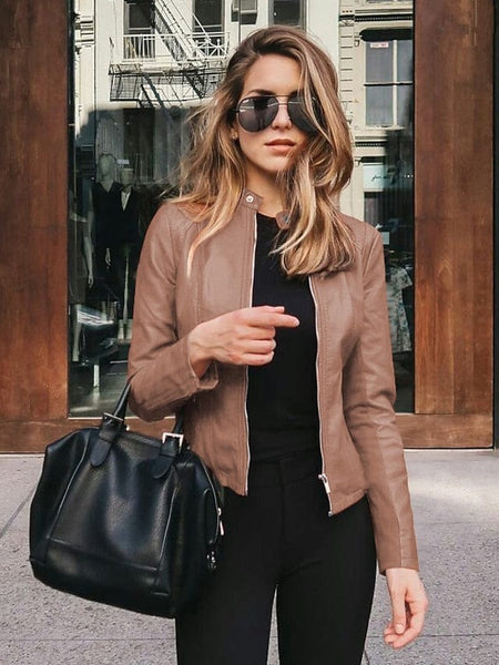 Women's Pink and Navy Faux Leather Moto Jacket with Zipper