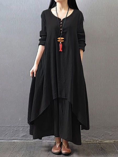 Women's Plus Size Casual Dress Swing Dress Solid Color Long Dress Maxi Dress Long Sleeve Button Fake Two Piece V Neck