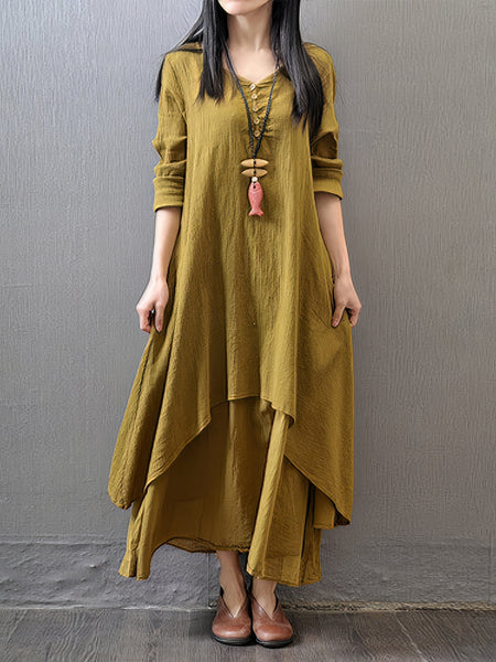 Women's Plus Size Casual Dress Swing Dress Solid Color Long Dress Maxi Dress Long Sleeve Button Fake Two Piece V Neck