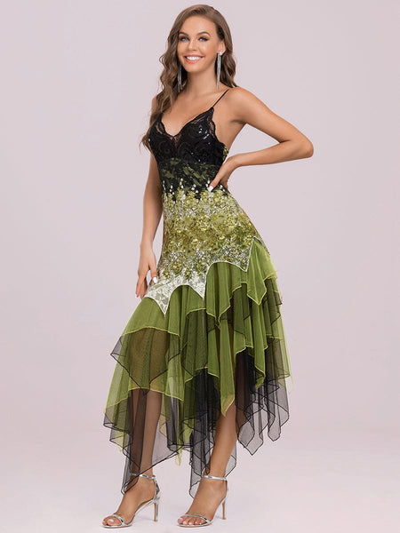 Women's Floral Lace and Tiered Tulle Handkerchief Cocktail Dress