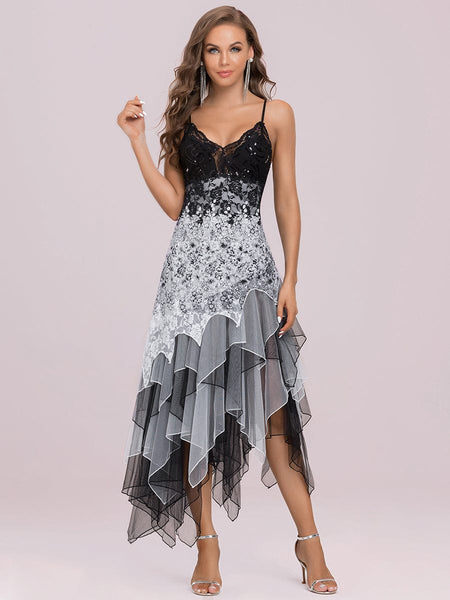 Women's Sequin Swirl Lace V-Neck Midi Cocktail Dress