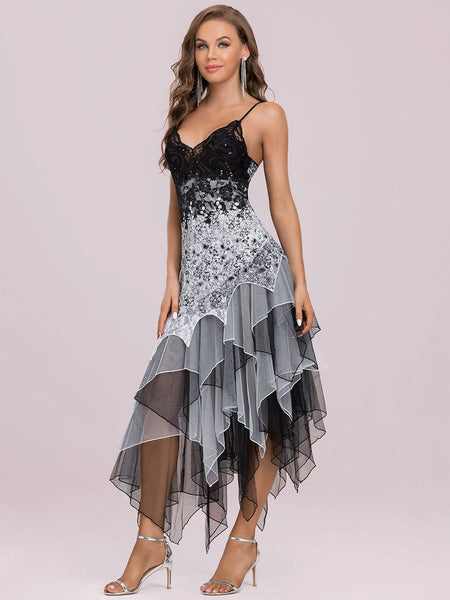 Women's Sequin Swirl Lace V-Neck Midi Cocktail Dress