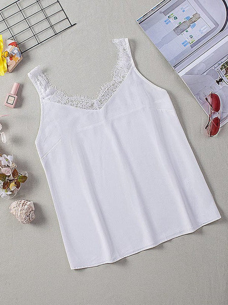 Women'S Sleeveless Lace Top With Wrinkle Detail - Ice Silk Vest In Solid Color