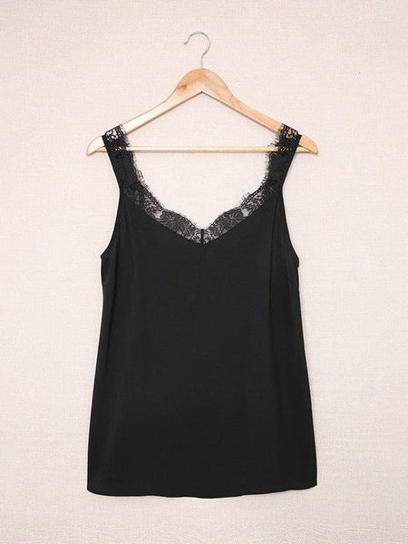 Women'S Sleeveless Lace Top With Wrinkle Detail - Ice Silk Vest In Solid Color