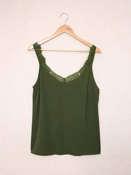 Women'S Sleeveless Lace Top With Wrinkle Detail - Ice Silk Vest In Solid Color