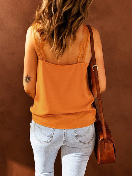 Women'S Sleeveless Lace Top With Wrinkle Detail - Ice Silk Vest In Solid Color
