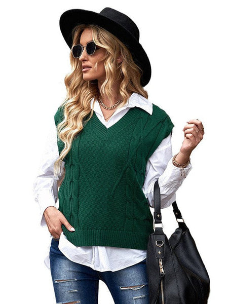 Women'S Slim Fit V-Neck Cable Knit Sleeveless Vest Sweater With Solid Color Casual Vest Jacket