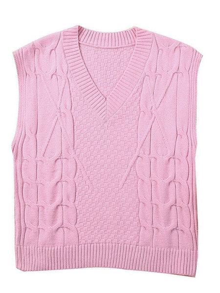Women'S Slim Fit V-Neck Cable Knit Sleeveless Vest Sweater With Solid Color Casual Vest Jacket