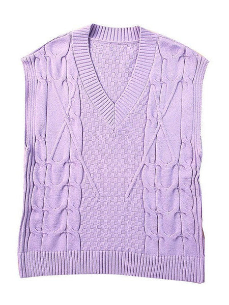 Women'S Slim Fit V-Neck Cable Knit Sleeveless Vest Sweater With Solid Color Casual Vest Jacket